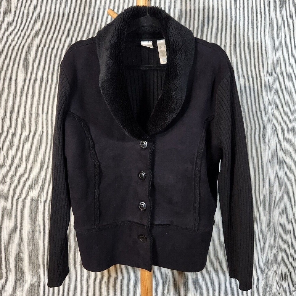 Emma James $75 XL Black Button Front Faux Suede Fleece Lined Collared Jacket
